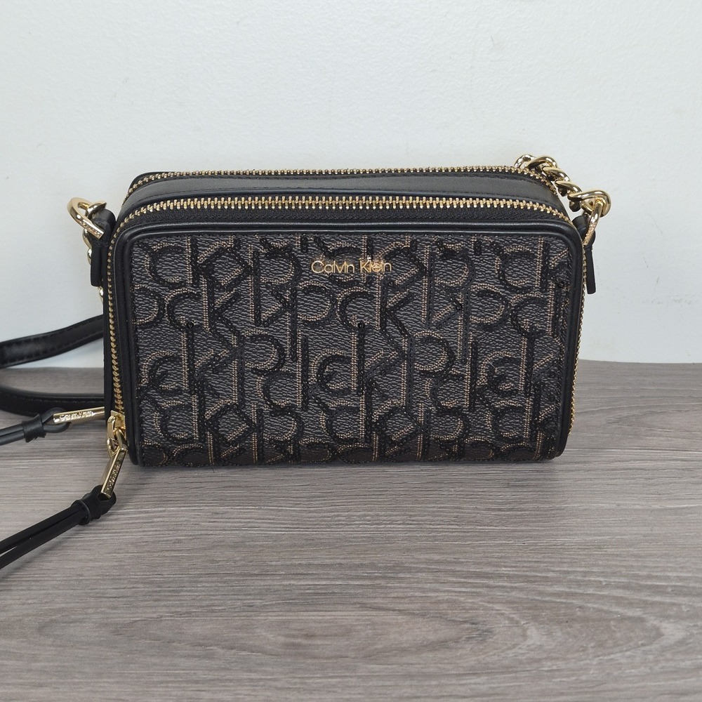 Calvin Klein CK Sequin Monogram Black Brown Crossbody Purse Gold Hardware NWT